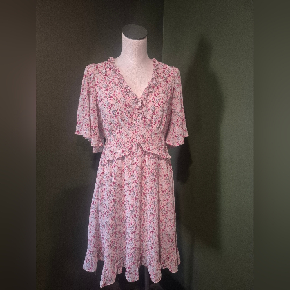 Pink Flutter Sleeve Floral Dress